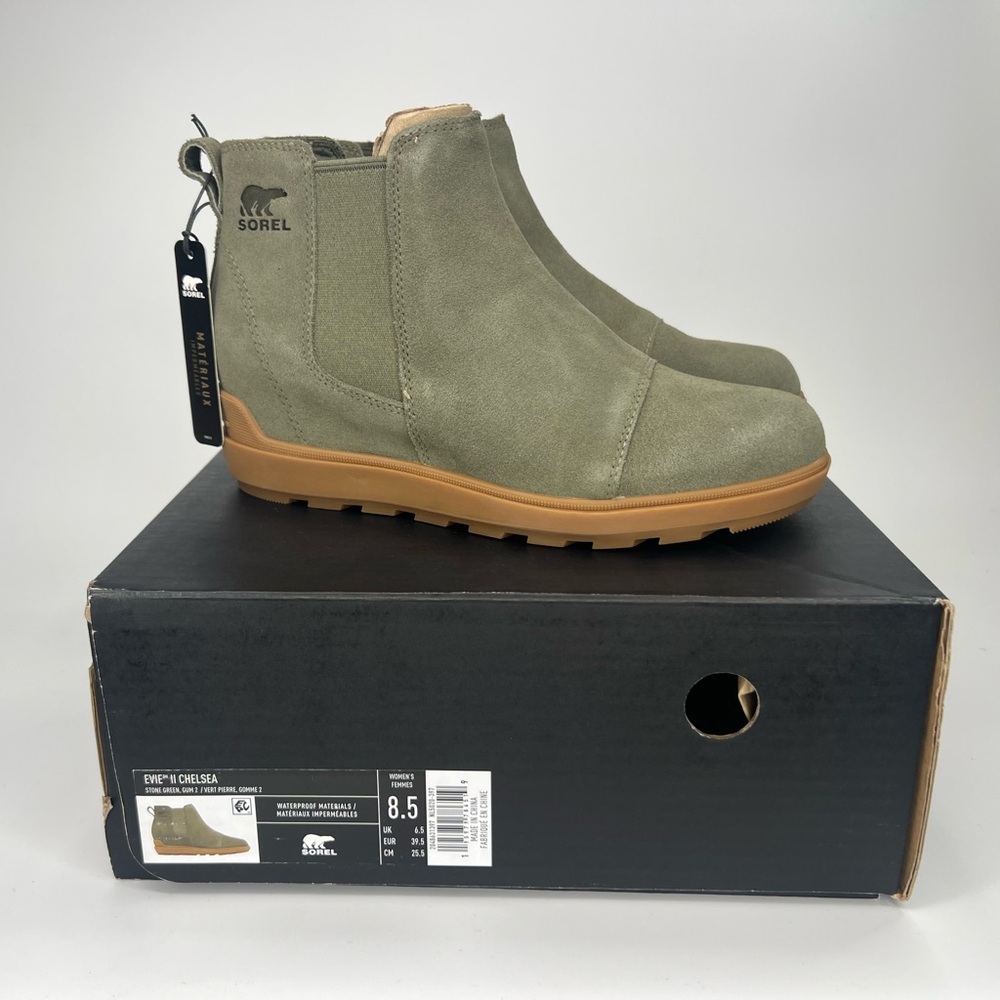 SOREL EVIE II CHELSEA PULL ON STONE GREEN WATERPROOF BOOTS